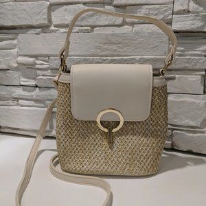 Women's Small Straw Bucket Leather Crossbody Handbag White